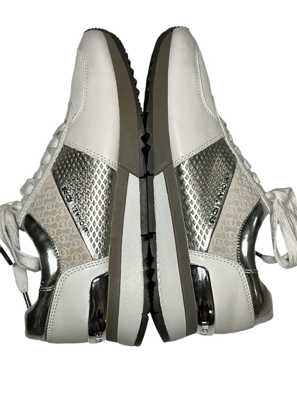 NWOT MICHAEL KORS Allie Trainer Sneakers White Silver Suede Leather Upper 6.5 - Picture 4 of 14